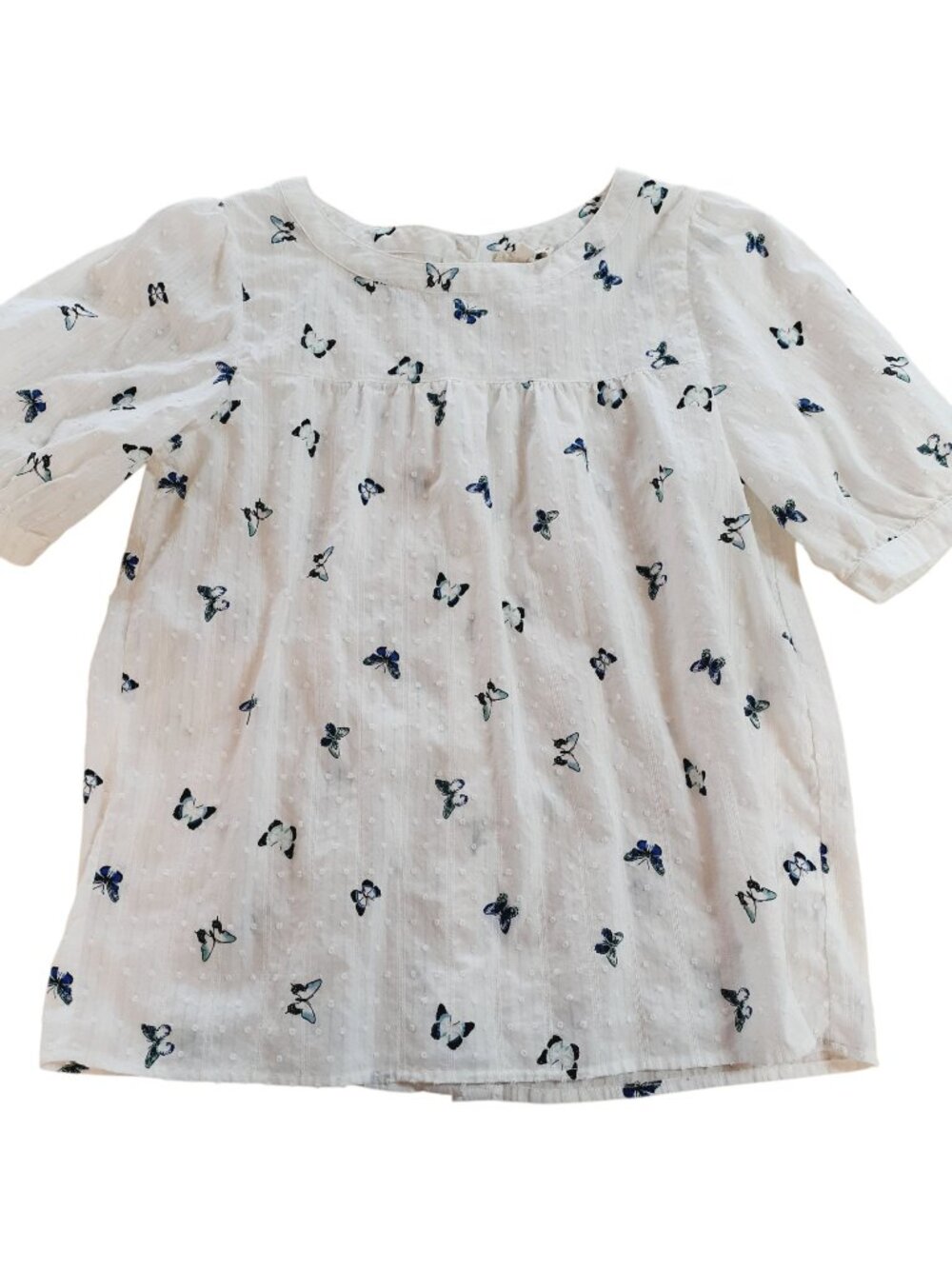 Jane & Delancy Womens Blouse Medium White Blue Butterfly Button Cotton Flocking